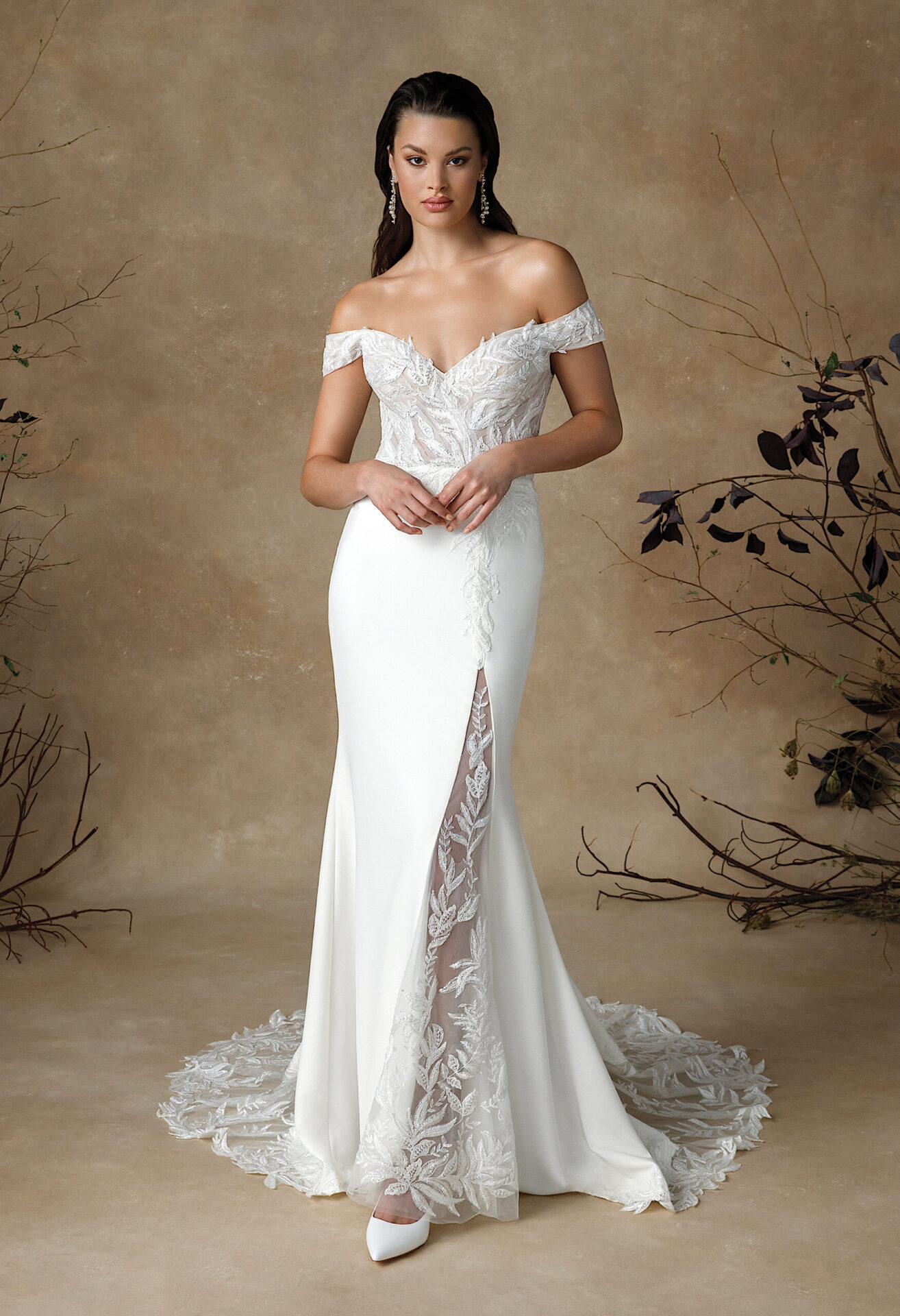 slim fit dress slacks Signature by Justin Alexander Hughes Wedding Dress - Lace Fit and Flare Bridal Gown with Off-The-Shoulder Long Sleeves - Size 12