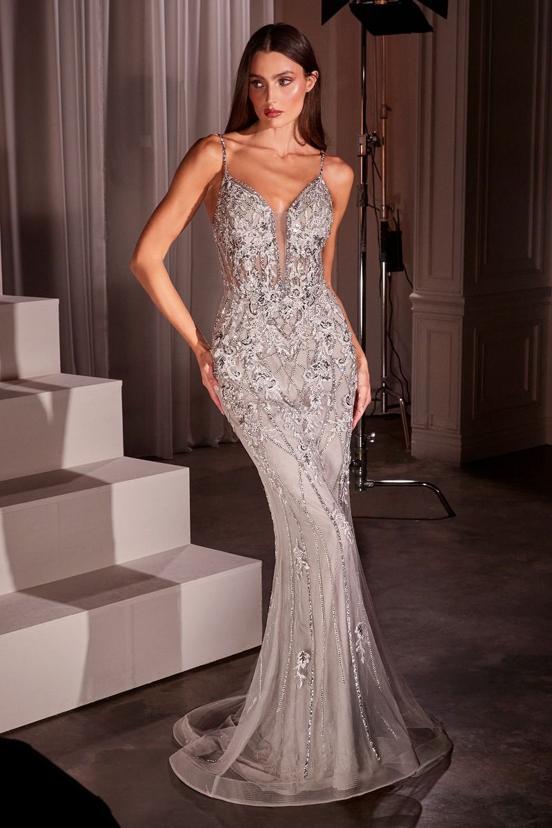 Halter Plunging Jewel Evening Dress 13580